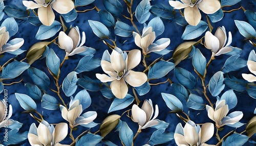 premium wallpaper mural art floral seamless pattern magnolia flowers tropical design in dark blue colors watercolor 3d illustration baroque style digital paper modern background texture © Florence