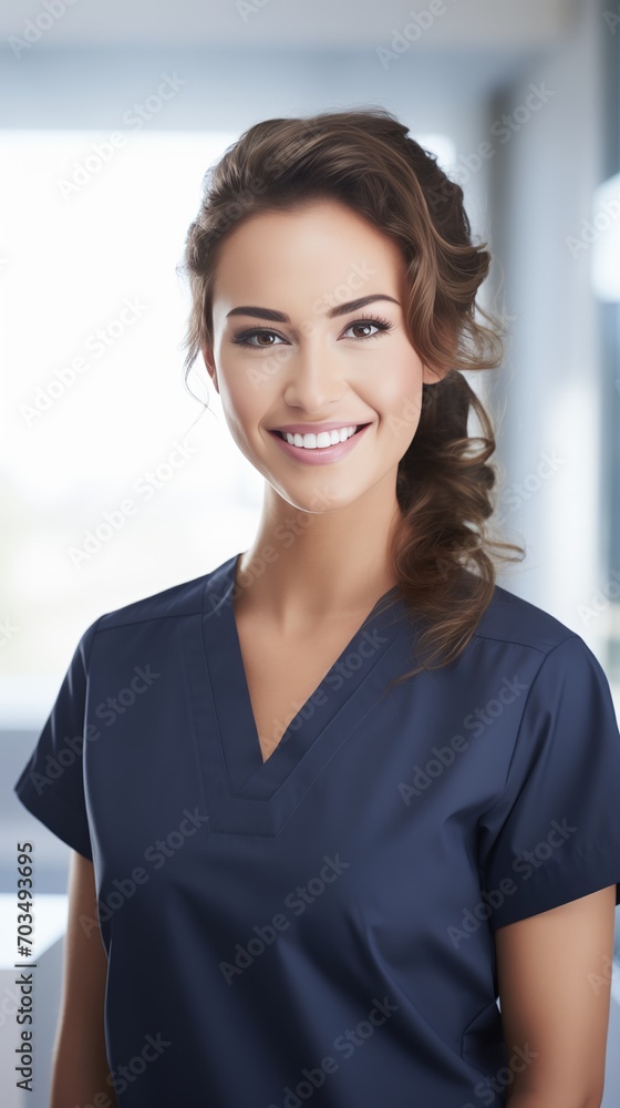 Successful female doctor isolated on Blurred Background wearing blue navy scrubs Successful female doctor isolated on Blurred Background wearing blue navy scrubs