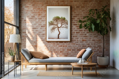A living room with a brick wall and a large framed photo of a tree