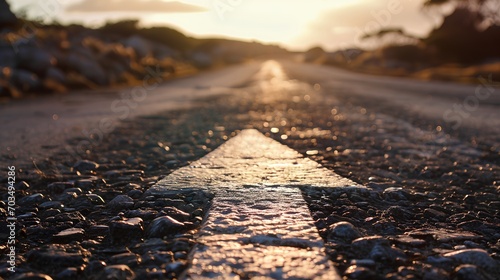 An asphalt road stretches into the distance with a painted white arrow pointing forward, symbolizing motivation, progress, and the concept of continuous growth and forward movement. photo