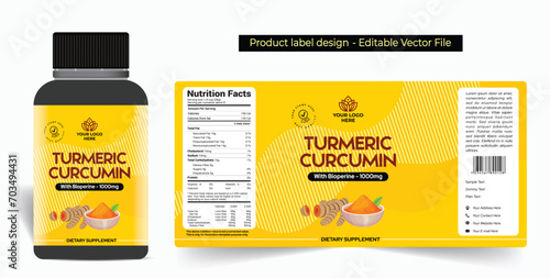 Turmeric supplement capsule label design jar packaging design, turmeric curcumin dietary health product label design yellow black color label premium quality editable vector illustration template file photo