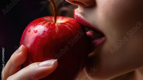 woman eating red apple