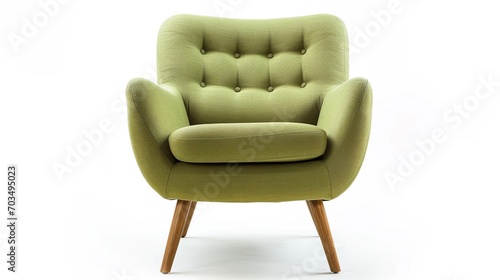 Isolated pastel green modern lounge armchair on white, front view.