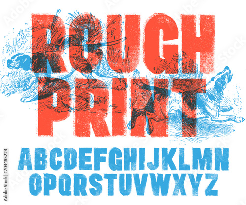 Letterpress Font with a Rough Mis-printed Letterpress and Rolled Ink texture. Bold condensed font. Highly detailed individually textured characters 