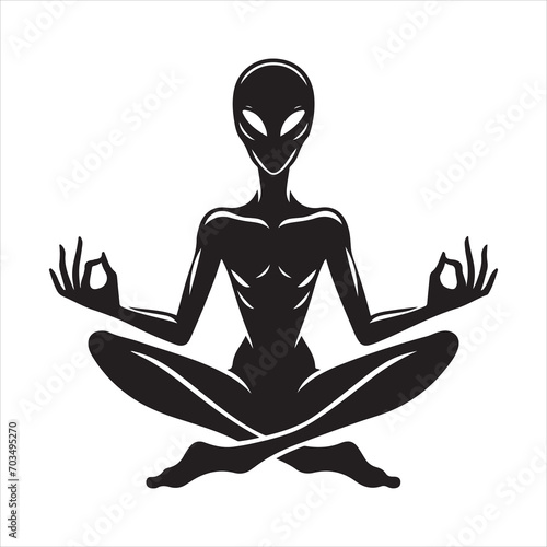 Alien vector silhouette illustration black color, Alien pose vector art, isolated white background