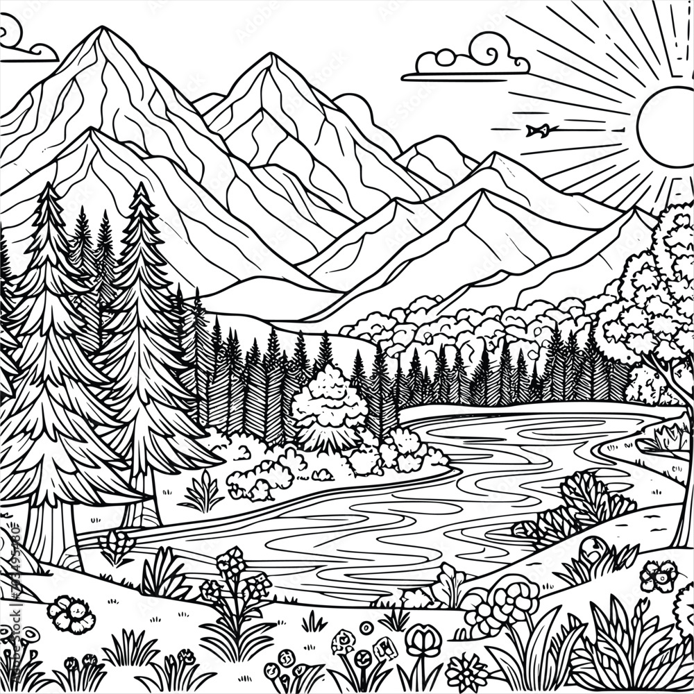 panorama  coloring book black and white. environment vector drawing