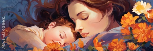Illustration of mother with her child with flowers in the background. Concept of mothers day photo