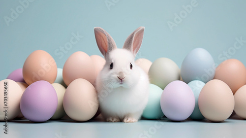 Cute white rabbit and easter eggs on pastel blue background