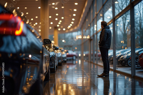 Buying a new car, man buyer client driver standing in a car dealership and looking at vehicles photo