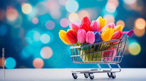 Colorful tulips in shopping cart on bokeh background.