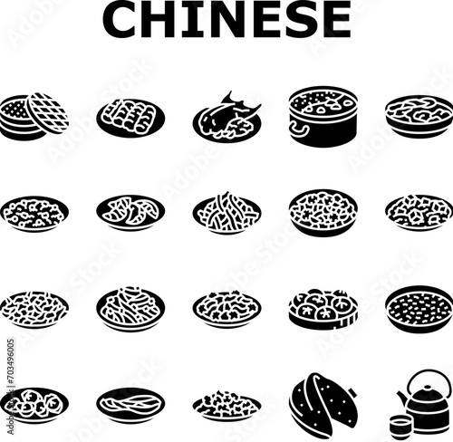 chinese cuisine food dish asian icons set vector. dinner table, meal restaurant, china, lunar bowl, chicken, rice, pork, traditional chinese cuisine food dish asian glyph pictogram Illustrations