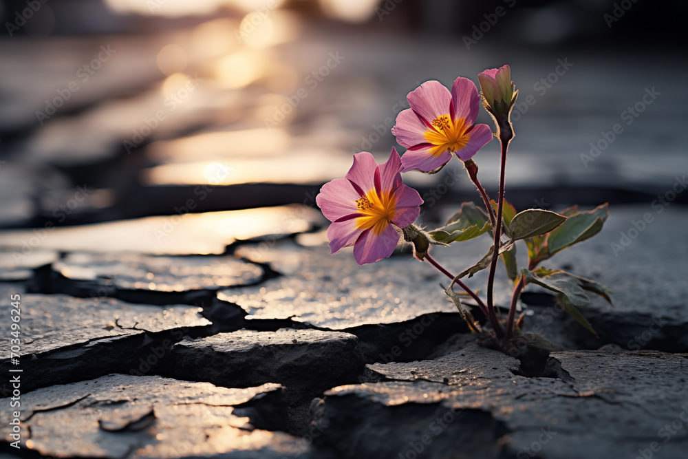 Wildflowers emerging through asphalt, a symbol of resilience