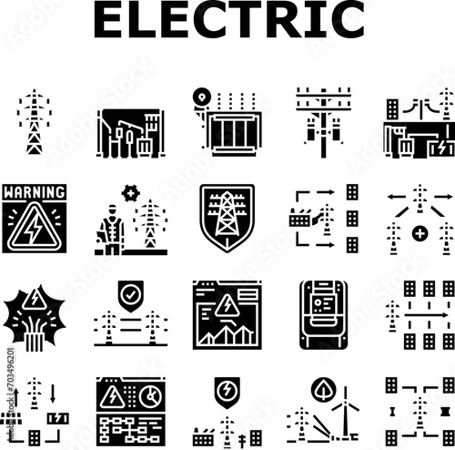 electric grid energy power icons set vector. tower transmission, utility industry, high pylon, voltage distribution, network electric grid energy power glyph pictogram Illustrations