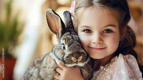 girl holding and cuddling a bunny