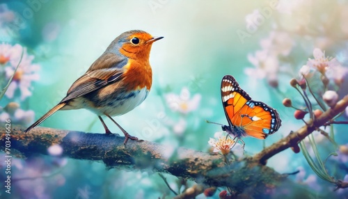 Beautiful background image of a wild robin (Erithacus rubecula) with stunning colors and a monarch butterfly (Danaus plexippus) standing on a branch. Tiny and cute bird looking at a prey butterfly. photo