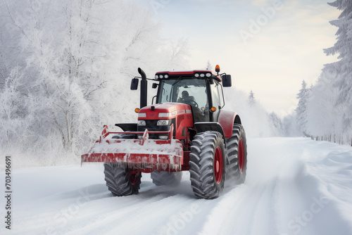 Tractor engaged in snow plowing on a winter road