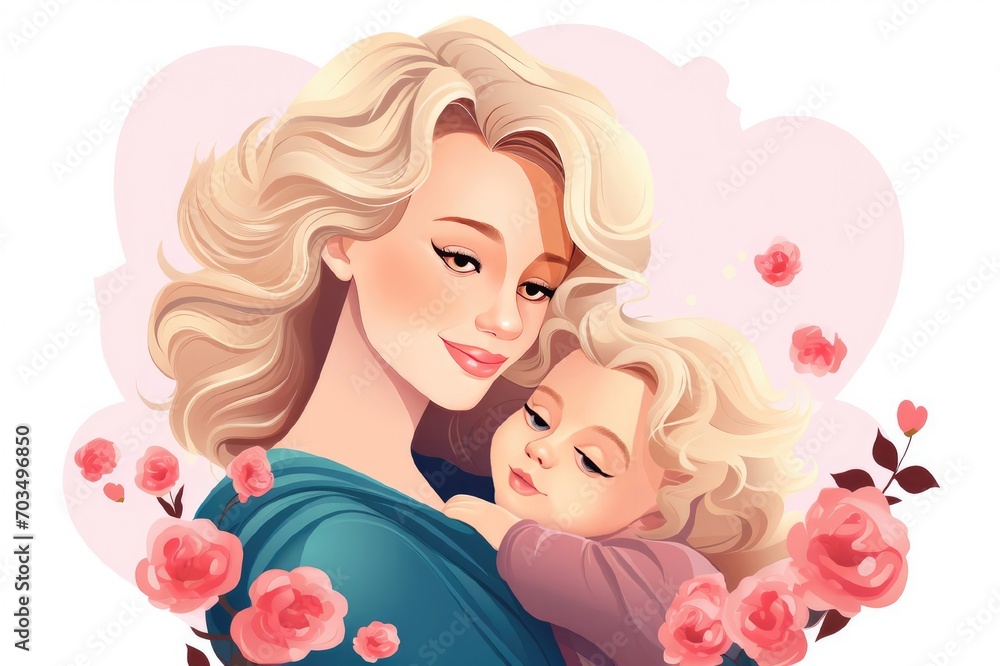 Illustration of mother with her child in white background. Concept of mothers day