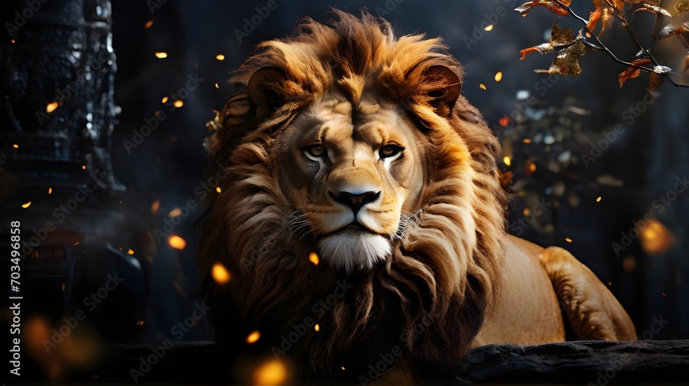 Portrait of a lion with a burning fire in the background.