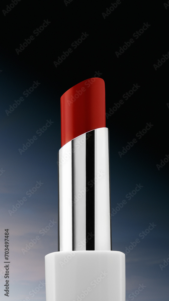Creative advertising banner of red lipstick, on a blue background, clouds. White cosmetics. Vertical. Creative advertising banner of red lipstick, on a blue background, clouds. White cosmetics. Vertical.