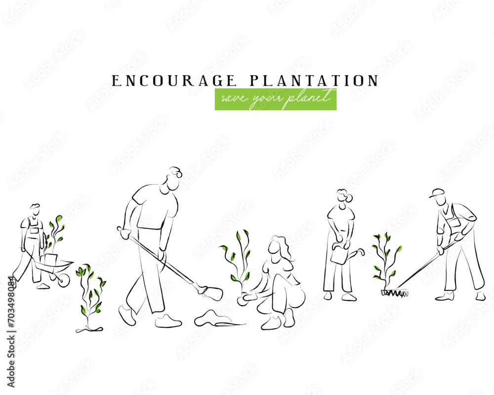  line art vector of people busy planting. Encourage plantation and save planet. climate change awareness.