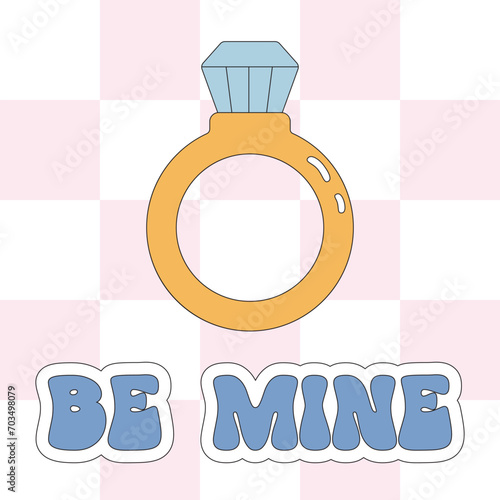 Valentine card with gold ring and diamond for an offer of marriage in retro style. Marriage proposal love cars. Be mine concept.