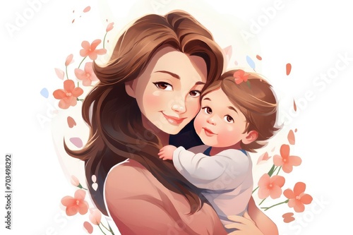 Illustration of mother with her child in white background. Concept of mothers day