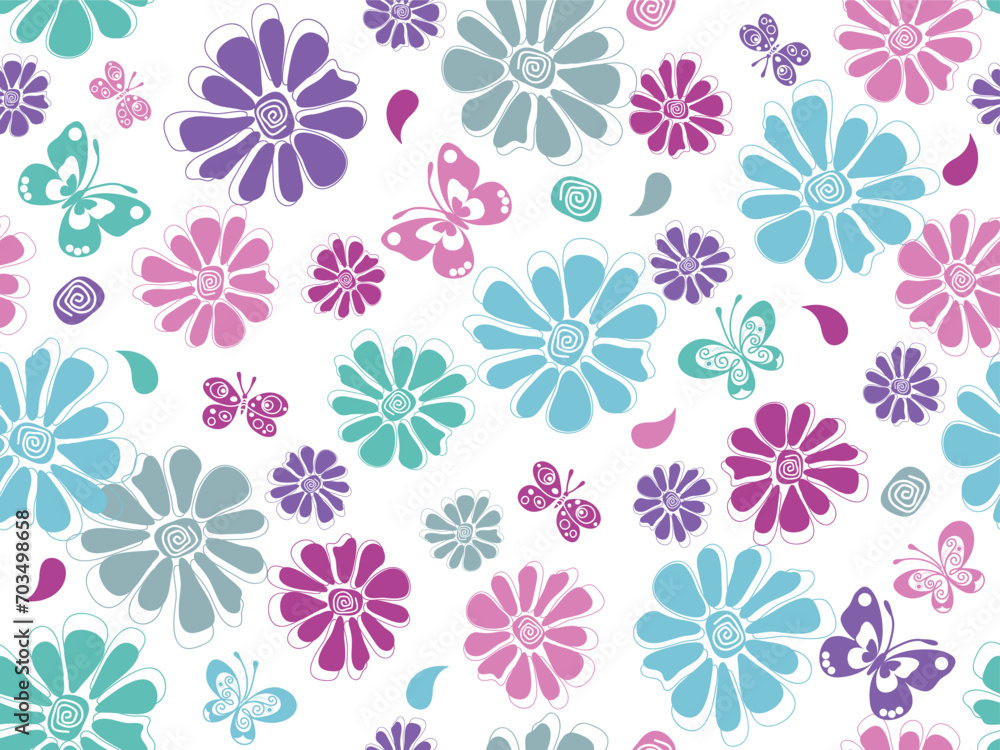 Vector hand drawn spring seamless pattern with pastel flowers and butterflies on a transparent background