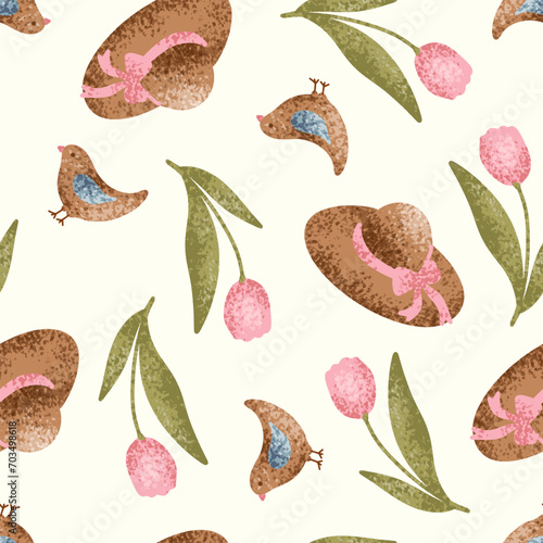 Springtime seamless pattern tulip hat and birds, flowers pastel color background