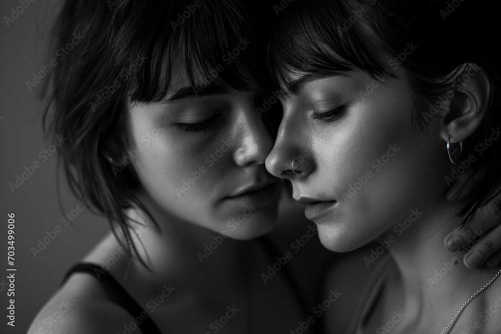 Couple in love, young lesbian, intimate romantic valentine face portrait black and white Couple in love, young lesbian, intimate romantic valentine face portrait black and white