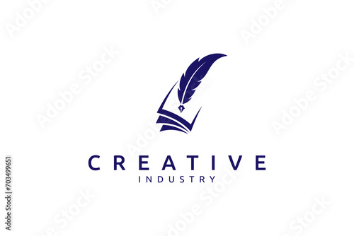 Author feather logo with book flat vector template design style