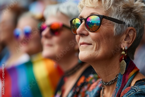 Reflective Pride Joy in Senior Woman's Eyes. Close-up of senior woman's eyes reflecting pride colors.