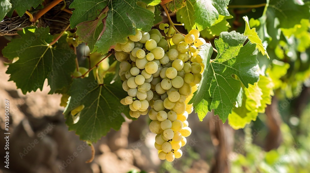 A cluster of pale grapes amidst the grape foliage in a vineyard of Canary Islands grapes. A cluster of pale grapes amidst the grape foliage in a vineyard of Canary Islands grapes.