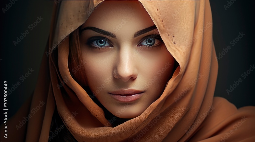 Naklejka premium Beautiful muslim lady, copy space with generative ai