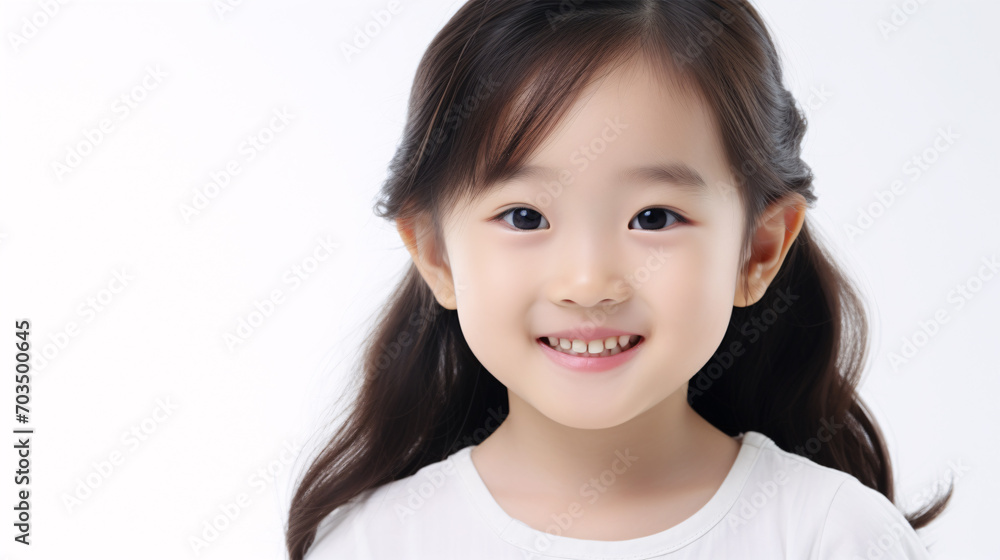 An Asian child grins while being singled out on a white backdrop. An Asian child grins while being singled out on a white backdrop.