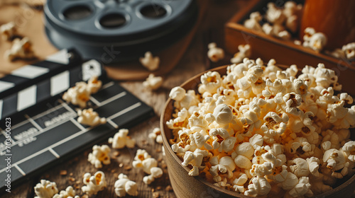 bucket of popcorn . movie night concept. flatlay. top view. copy space photo