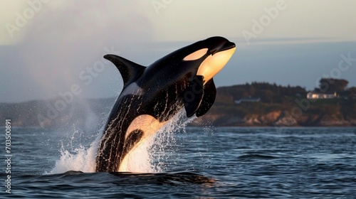 dolphin jumping in water, Illuminate the scene of an orca breaching the surface, forming a dramatic splash, with impeccable lighting accentuating the magnificence and power of this marine mammal