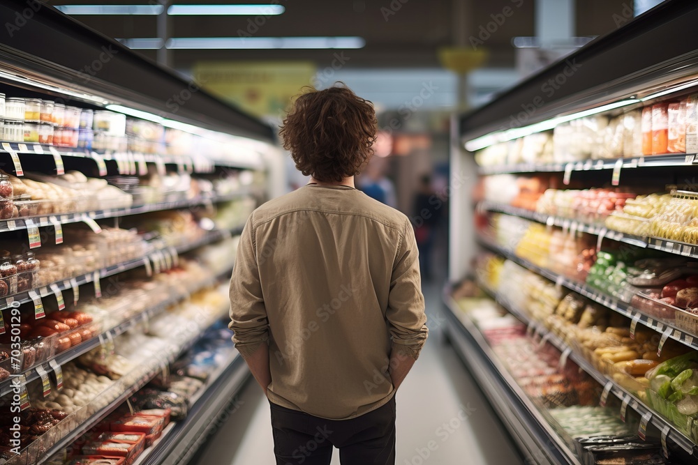 A young guy stands in a supermarket and chooses food in the frozen food department, sausage and cheese in the refrigerators. Male customer in a grocery store. Rear view. Generative AI. - obrazy, fototapety, plakaty 