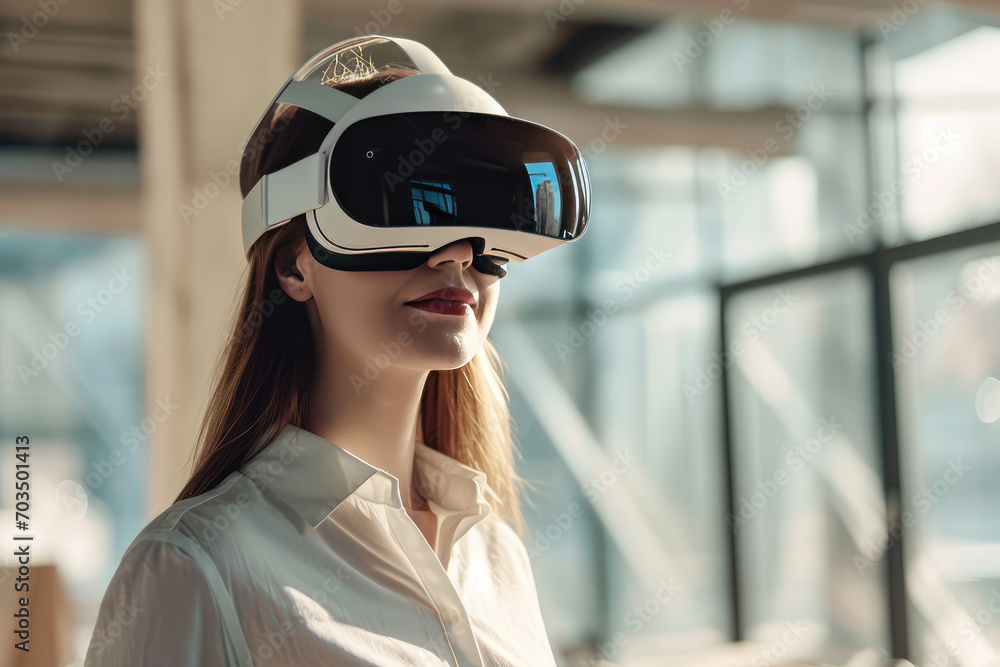 Architect Wearing Virtual Vr Goggles With A Bright Smile Architect Wearing Virtual Vr Goggles With A Bright Smile