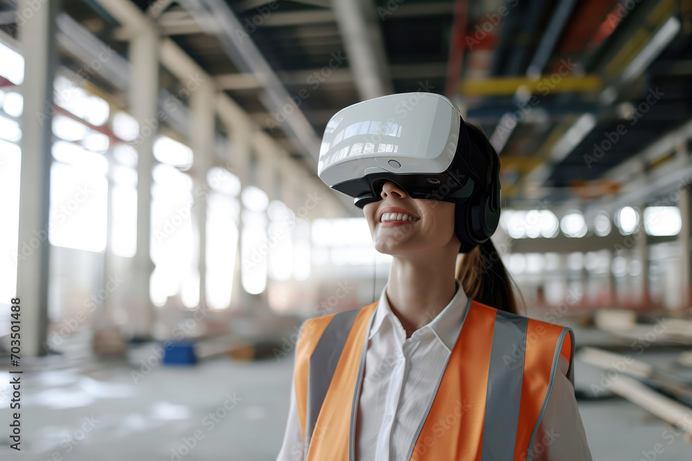 Smiling Woman Employee Construction Manager In Virtual Vr Goggles