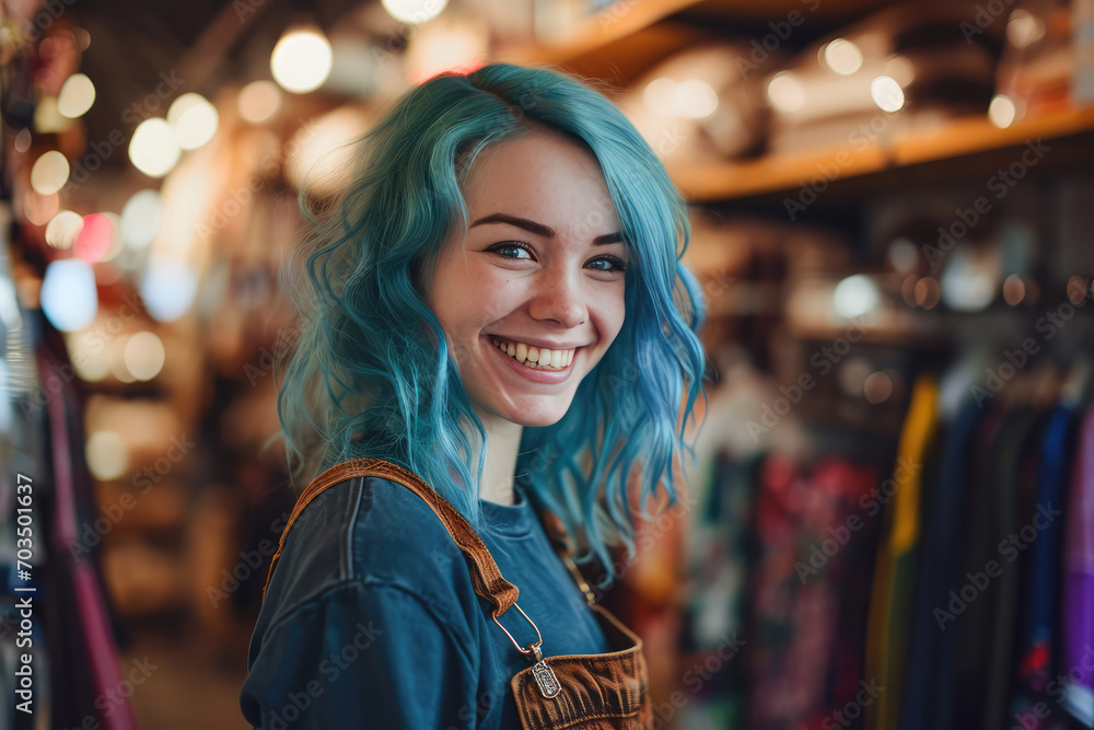 Fashion Merchandiser With Blue Hair: Woman Employee Sporting A Smile