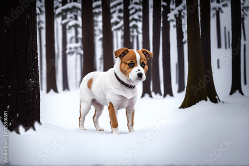Adorable dog sitting on the snow in the winter forest. Selective focus.