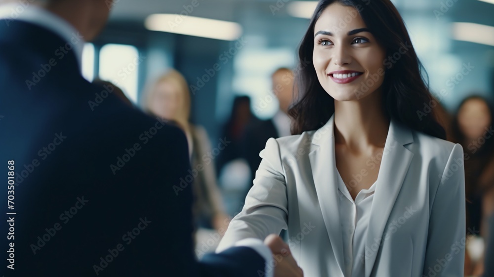 A charming, youthful female executive greeting a unfamiliar coworker in a conference room. A charming, youthful female executive greeting a unfamiliar coworker in a conference room.