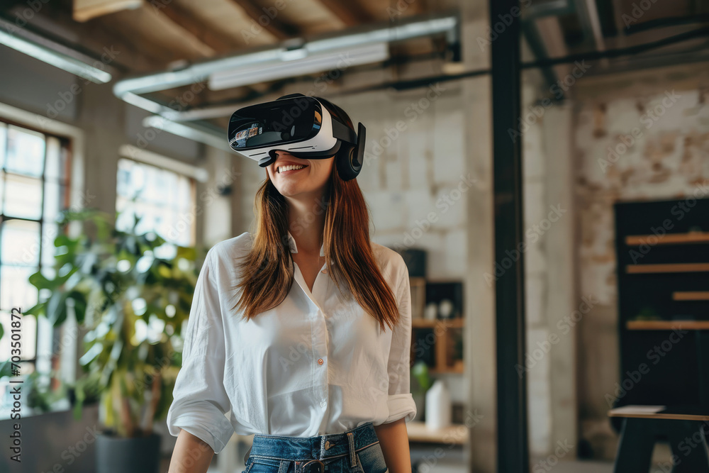 Smiling Woman Employee Industrialorganizational Psychologist In Virtual Vr Goggles Smiling Woman Employee Industrialorganizational Psychologist In Virtual Vr Goggles