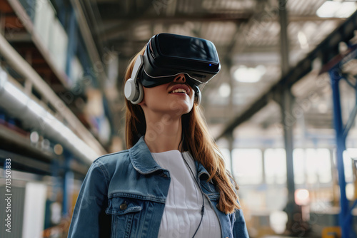 Smiling Woman Employee Industrial Engineer In Virtual Vr Goggles