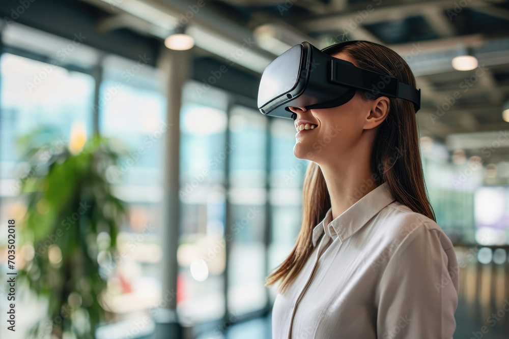 Smiling Woman Employee Market Researcher In Virtual Vr Goggles Smiling Woman Employee Market Researcher In Virtual Vr Goggles