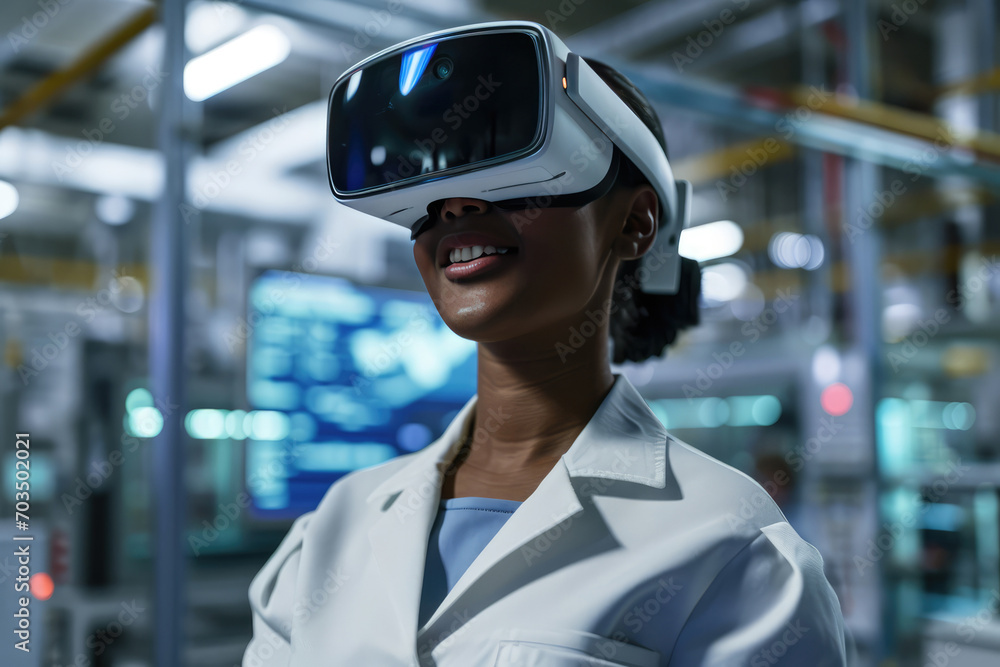 Woman Employee In Virtual Reality Goggles, Smiling As She Works As A Materials Scientist Woman Employee In Virtual Reality Goggles, Smiling As She Works As A Materials Scientist