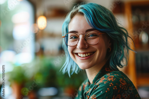 Mathematically Talented Female Employee With Blue Hair And A Radiant Smile photo