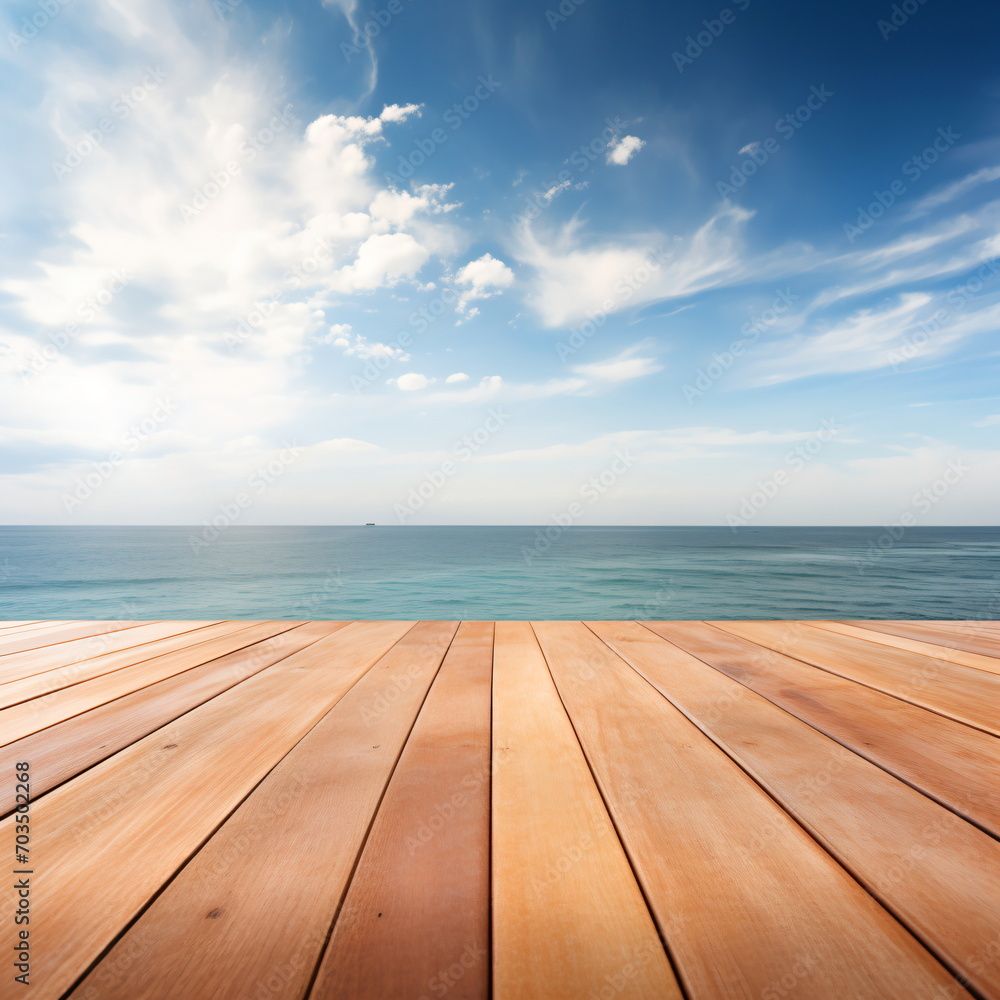 Wooden dock over calm ocean with blue sky
