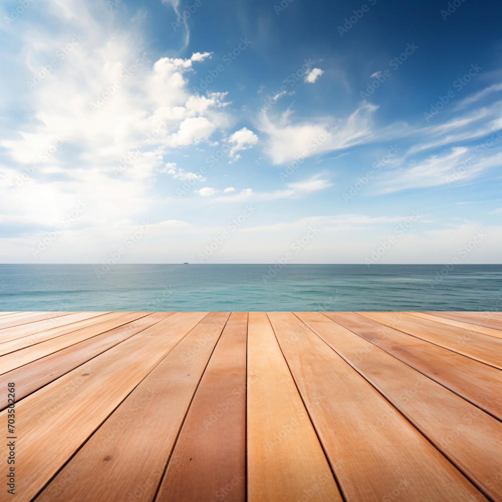 Wooden dock over calm ocean with blue sky Wooden dock over calm ocean with blue sky