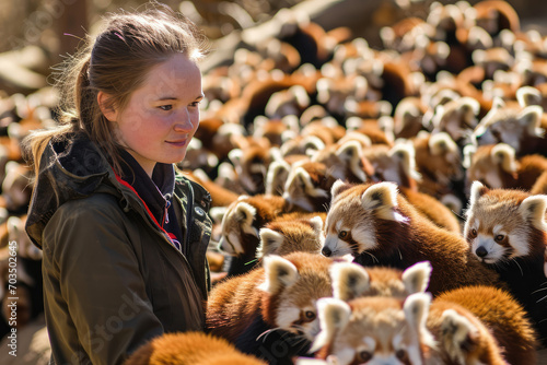 Young Woman Standing Amongst Large Number Of Red Pandas